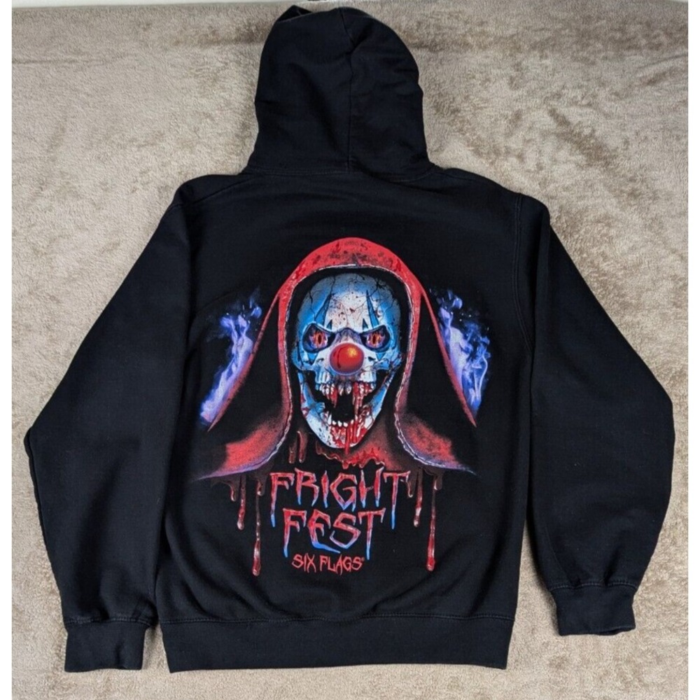 Six Flags Sweatshirt Men's Medium Black Fright Fest Hoodie Clown Horror